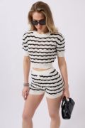 Örgü Detay Çizgili Crop Bluz resmi